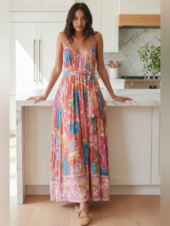 Dresses & Skirts - Tie Waist Belted Bright Contrasting Floral V-Neck Open Back Spaghetti Strap Maxi